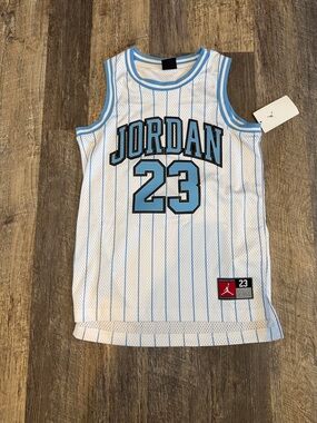 Jordan White Basketball Jersey with Light Blue Trim
